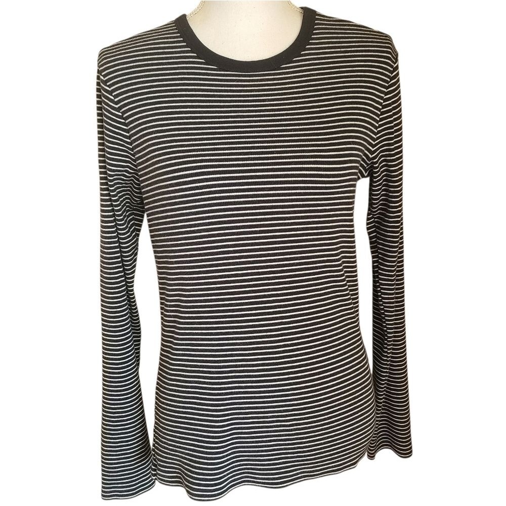 uniqlo striped long sleeve crewneck ribbed tee black white size M